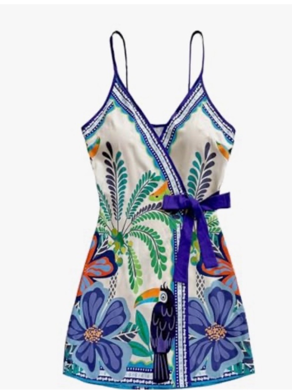 Tropical Print Mini Dress Summer Wrap V Neck Bow Tie Vacation Dresses